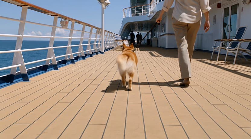 Resident walking a dog along the Legacy promenade deck
