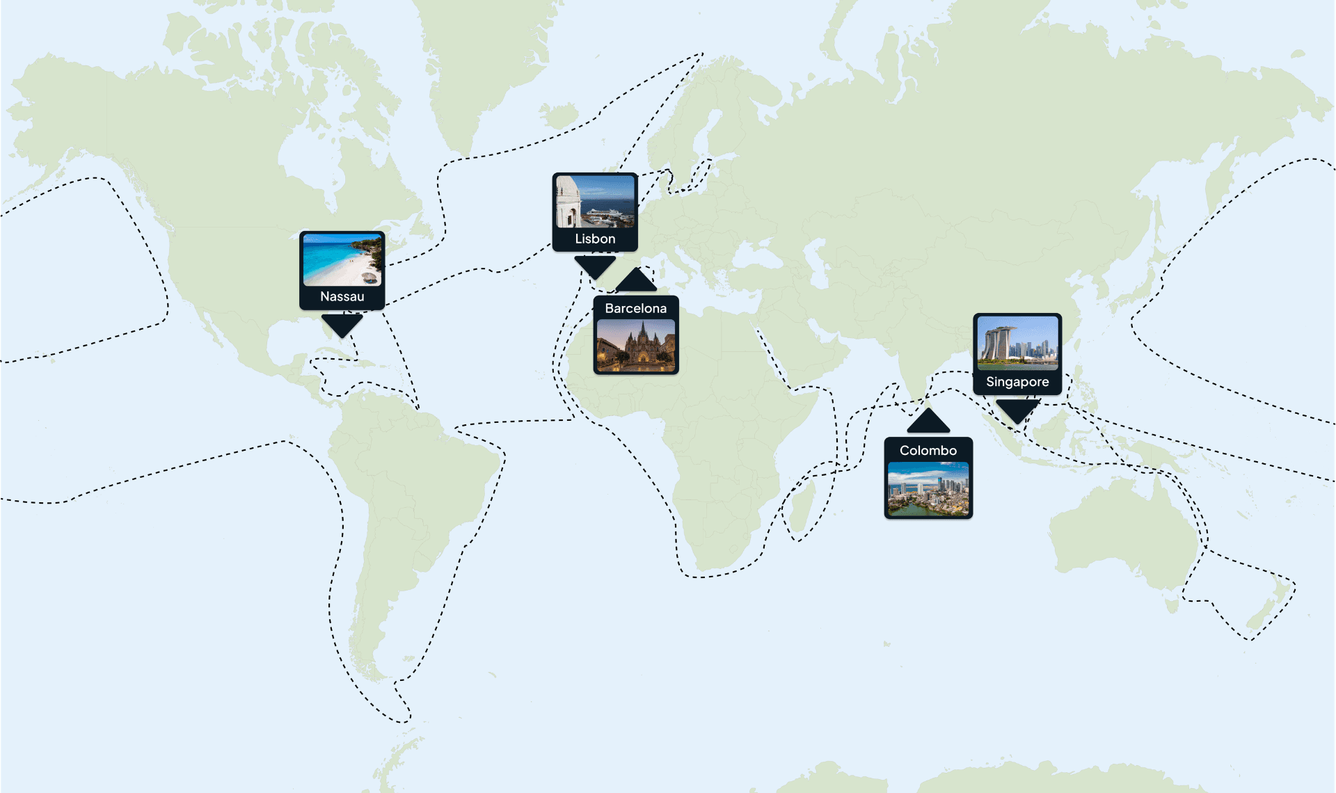 World map showing all My Global Adventure embarkation ports